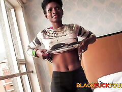 Sporty Ebony Amateur Jumps On A Hard White Pole With A Sticky Landing