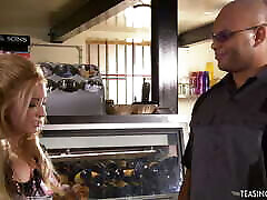 A blonde waitress with big boobs gets a pussy cumshot after
