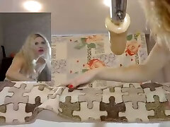 Blonde is getting her lady holes mercilessly pounded by a robotic powered dildo