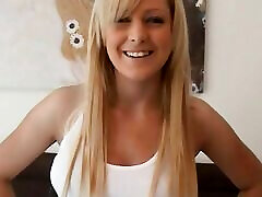 Young blonde babe is really horny so she fucks her cunt with a red dildo